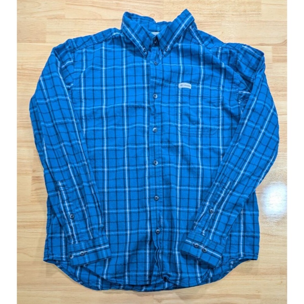 Columbia Shirt Mens Large L Plaid Button Down Long Sleeve Blue Stretch AM7968